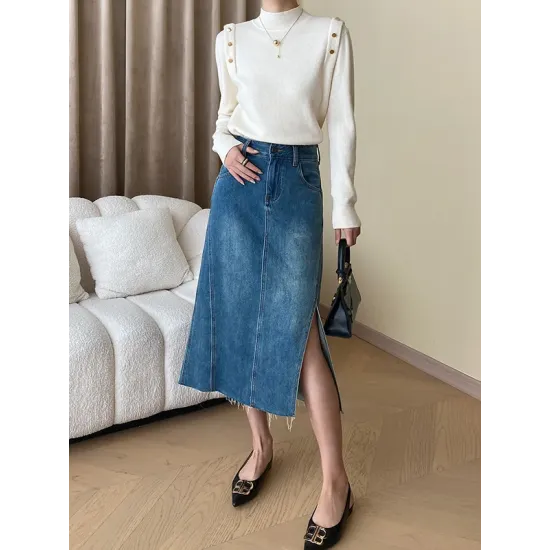 Buttoned Split-Joint Long Sleeves High-Neck Sweater Tops Buttoned Split-Joint Long Sleeves High-Neck Sweater Tops