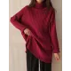 Casual Long Sleeves Loose Split-Side Solid Color High-Neck Sweater Tops