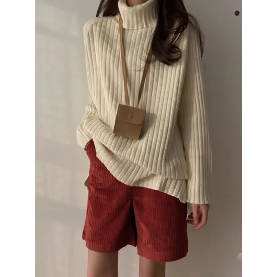 Casual Long Sleeves Loose Split-Side Solid Color High-Neck Sweater Tops