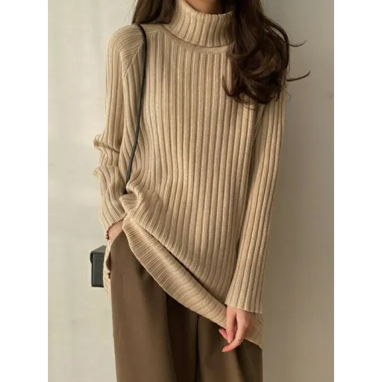Casual Long Sleeves Loose Split-Side Solid Color High-Neck Sweater Tops