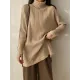 Casual Long Sleeves Loose Split-Side Solid Color High-Neck Sweater Tops