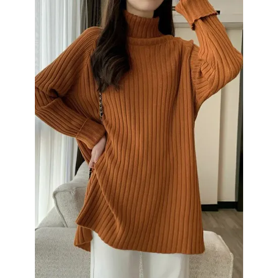 Casual Long Sleeves Loose Split-Side Solid Color High-Neck Sweater Tops