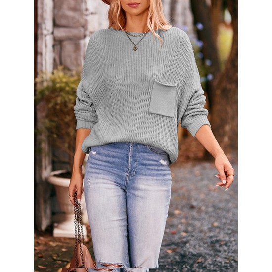 Hollow Pockets Solid Color Batwing Sleeves Long Sleeves Round-Neck Sweater Tops Pullovers Knitwear Hollow Pockets Solid Color Batwing Sleeves Long Sleeves Round-Neck Sweater Tops Pullovers Knitwear