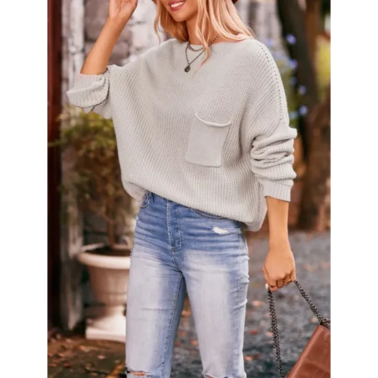 Hollow Pockets Solid Color Batwing Sleeves Long Sleeves Round-Neck Sweater Tops Pullovers Knitwear Hollow Pockets Solid Color Batwing Sleeves Long Sleeves Round-Neck Sweater Tops Pullovers Knitwear