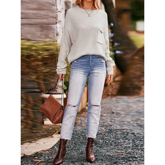 Hollow Pockets Solid Color Batwing Sleeves Long Sleeves Round-Neck Sweater Tops Pullovers Knitwear Hollow Pockets Solid Color Batwing Sleeves Long Sleeves Round-Neck Sweater Tops Pullovers Knitwear