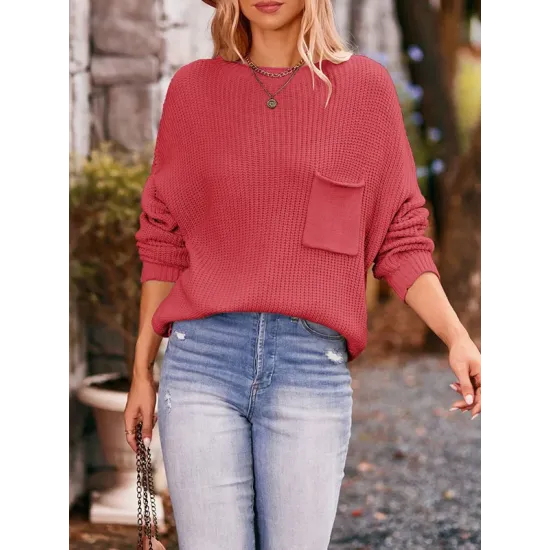 Hollow Pockets Solid Color Batwing Sleeves Long Sleeves Round-Neck Sweater Tops Pullovers Knitwear Hollow Pockets Solid Color Batwing Sleeves Long Sleeves Round-Neck Sweater Tops Pullovers Knitwear