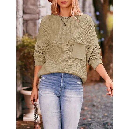 Hollow Pockets Solid Color Batwing Sleeves Long Sleeves Round-Neck Sweater Tops Pullovers Knitwear Hollow Pockets Solid Color Batwing Sleeves Long Sleeves Round-Neck Sweater Tops Pullovers Knitwear