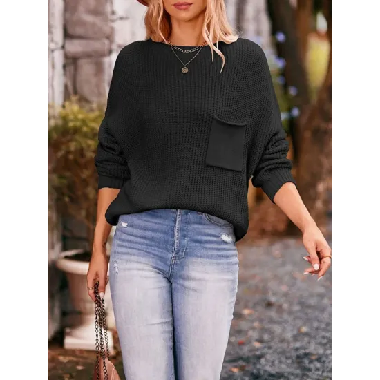 Hollow Pockets Solid Color Batwing Sleeves Long Sleeves Round-Neck Sweater Tops Pullovers Knitwear Hollow Pockets Solid Color Batwing Sleeves Long Sleeves Round-Neck Sweater Tops Pullovers Knitwear