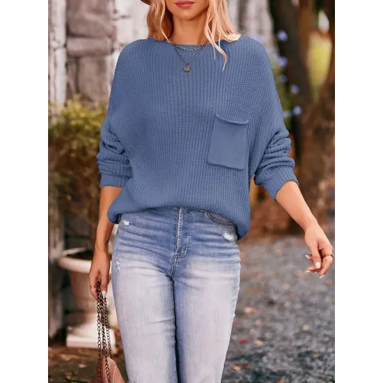 Hollow Pockets Solid Color Batwing Sleeves Long Sleeves Round-Neck Sweater Tops Pullovers Knitwear Hollow Pockets Solid Color Batwing Sleeves Long Sleeves Round-Neck Sweater Tops Pullovers Knitwear