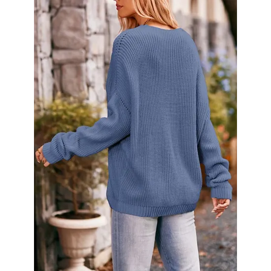 Hollow Pockets Solid Color Batwing Sleeves Long Sleeves Round-Neck Sweater Tops Pullovers Knitwear Hollow Pockets Solid Color Batwing Sleeves Long Sleeves Round-Neck Sweater Tops Pullovers Knitwear