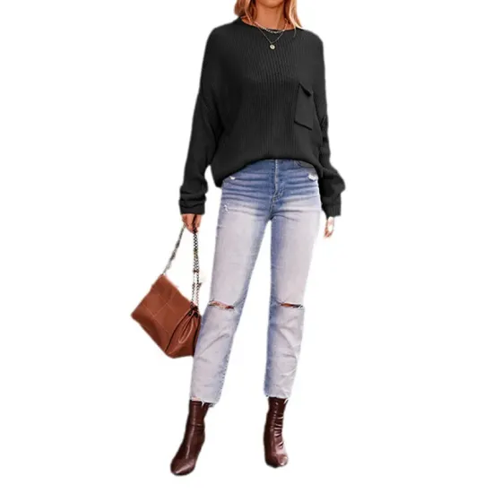 Hollow Pockets Solid Color Batwing Sleeves Long Sleeves Round-Neck Sweater Tops Pullovers Knitwear Hollow Pockets Solid Color Batwing Sleeves Long Sleeves Round-Neck Sweater Tops Pullovers Knitwear