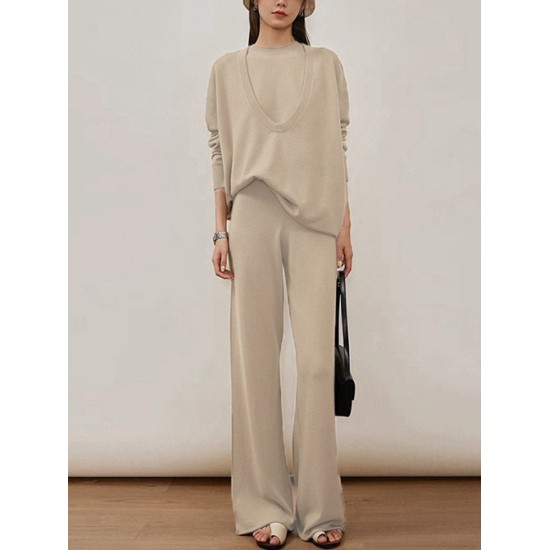 Urban Loose Solid Round-Neck Vest Top& V-Neck Sweater Tops& Wide Leg Pants Three-Piece Set Urban Loose Solid Round-Neck Vest Top& V-Neck Sweater Tops& Wide Leg Pants Three-Piece Set