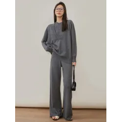 Urban Loose Solid Round-Neck Vest Top& V-Neck Sweater Tops& Wide Leg Pants Three-Piece Set