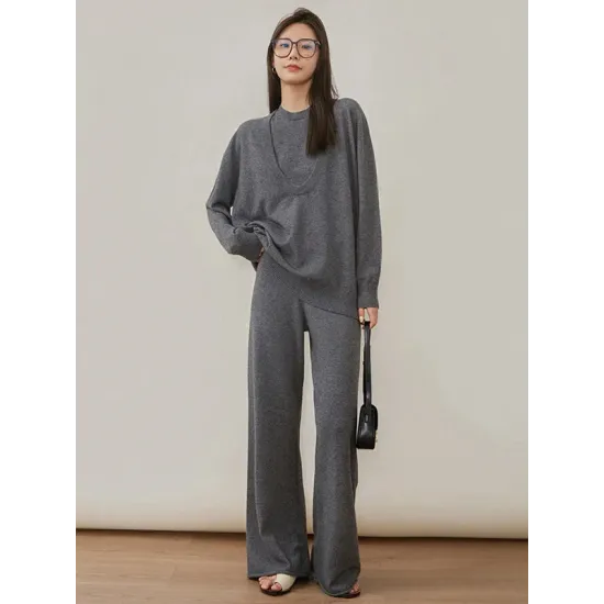 Urban Loose Solid Round-Neck Vest Top& V-Neck Sweater Tops& Wide Leg Pants Three-Piece Set Urban Loose Solid Round-Neck Vest Top& V-Neck Sweater Tops& Wide Leg Pants Three-Piece Set