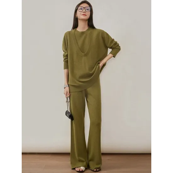 Urban Loose Solid Round-Neck Vest Top& V-Neck Sweater Tops& Wide Leg Pants Three-Piece Set Urban Loose Solid Round-Neck Vest Top& V-Neck Sweater Tops& Wide Leg Pants Three-Piece Set