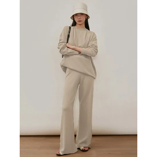Urban Loose Solid Round-Neck Vest Top& V-Neck Sweater Tops& Wide Leg Pants Three-Piece Set Urban Loose Solid Round-Neck Vest Top& V-Neck Sweater Tops& Wide Leg Pants Three-Piece Set