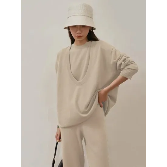 Urban Loose Solid Round-Neck Vest Top& V-Neck Sweater Tops& Wide Leg Pants Three-Piece Set Urban Loose Solid Round-Neck Vest Top& V-Neck Sweater Tops& Wide Leg Pants Three-Piece Set