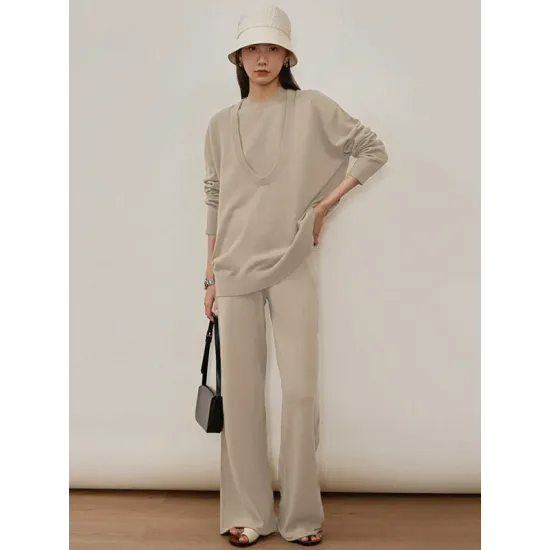 Urban Loose Solid Round-Neck Vest Top& V-Neck Sweater Tops& Wide Leg Pants Three-Piece Set Urban Loose Solid Round-Neck Vest Top& V-Neck Sweater Tops& Wide Leg Pants Three-Piece Set