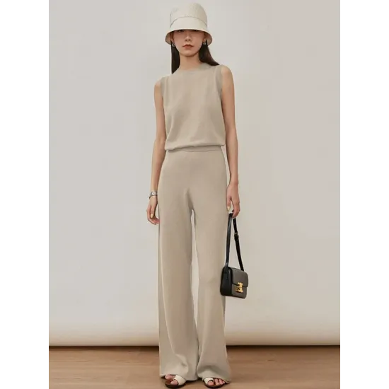Urban Loose Solid Round-Neck Vest Top& V-Neck Sweater Tops& Wide Leg Pants Three-Piece Set Urban Loose Solid Round-Neck Vest Top& V-Neck Sweater Tops& Wide Leg Pants Three-Piece Set