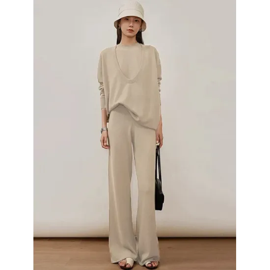 Urban Loose Solid Round-Neck Vest Top& V-Neck Sweater Tops& Wide Leg Pants Three-Piece Set Urban Loose Solid Round-Neck Vest Top& V-Neck Sweater Tops& Wide Leg Pants Three-Piece Set