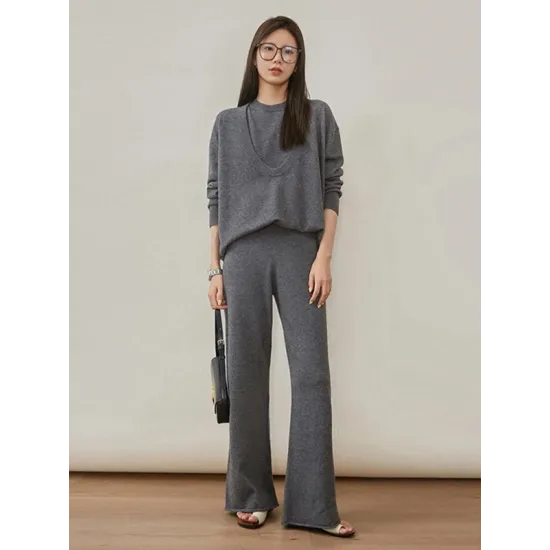 Urban Loose Solid Round-Neck Vest Top& V-Neck Sweater Tops& Wide Leg Pants Three-Piece Set Urban Loose Solid Round-Neck Vest Top& V-Neck Sweater Tops& Wide Leg Pants Three-Piece Set