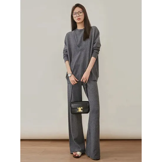 Urban Loose Solid Round-Neck Vest Top& V-Neck Sweater Tops& Wide Leg Pants Three-Piece Set Urban Loose Solid Round-Neck Vest Top& V-Neck Sweater Tops& Wide Leg Pants Three-Piece Set