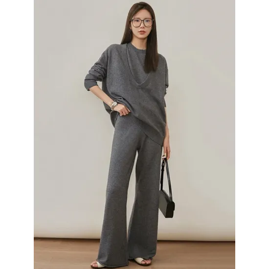 Urban Loose Solid Round-Neck Vest Top& V-Neck Sweater Tops& Wide Leg Pants Three-Piece Set Urban Loose Solid Round-Neck Vest Top& V-Neck Sweater Tops& Wide Leg Pants Three-Piece Set