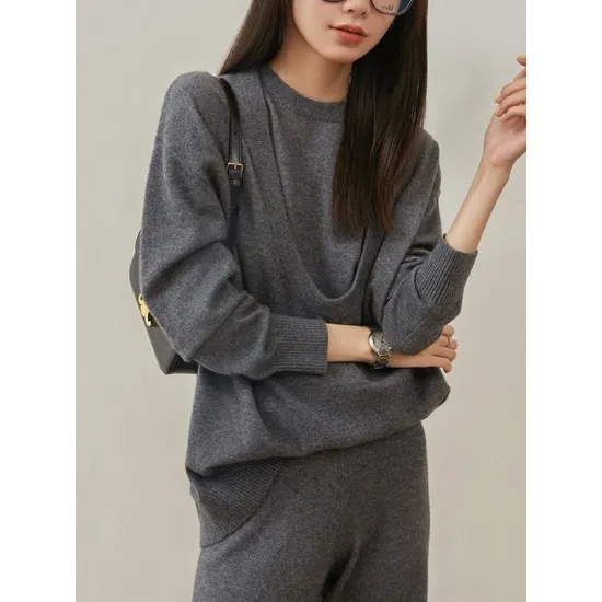 Urban Loose Solid Round-Neck Vest Top& V-Neck Sweater Tops& Wide Leg Pants Three-Piece Set Urban Loose Solid Round-Neck Vest Top& V-Neck Sweater Tops& Wide Leg Pants Three-Piece Set