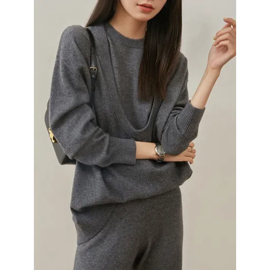 Urban Loose Solid Round-Neck Vest Top& V-Neck Sweater Tops& Wide Leg Pants Three-Piece Set Urban Loose Solid Round-Neck Vest Top& V-Neck Sweater Tops& Wide Leg Pants Three-Piece Set