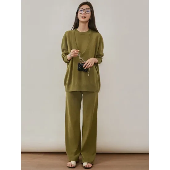 Urban Loose Solid Round-Neck Vest Top& V-Neck Sweater Tops& Wide Leg Pants Three-Piece Set Urban Loose Solid Round-Neck Vest Top& V-Neck Sweater Tops& Wide Leg Pants Three-Piece Set