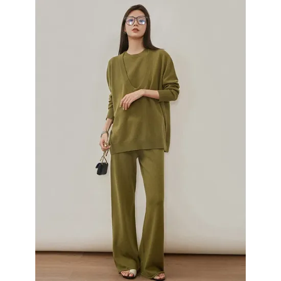 Urban Loose Solid Round-Neck Vest Top& V-Neck Sweater Tops& Wide Leg Pants Three-Piece Set Urban Loose Solid Round-Neck Vest Top& V-Neck Sweater Tops& Wide Leg Pants Three-Piece Set