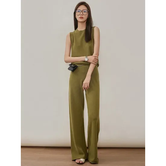 Urban Loose Solid Round-Neck Vest Top& V-Neck Sweater Tops& Wide Leg Pants Three-Piece Set Urban Loose Solid Round-Neck Vest Top& V-Neck Sweater Tops& Wide Leg Pants Three-Piece Set