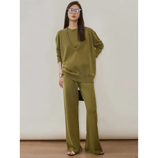 Urban Loose Solid Round-Neck Vest Top& V-Neck Sweater Tops& Wide Leg Pants Three-Piece Set Urban Loose Solid Round-Neck Vest Top& V-Neck Sweater Tops& Wide Leg Pants Three-Piece Set