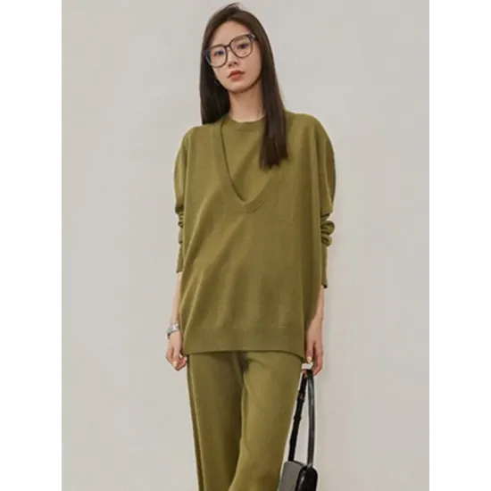 Urban Loose Solid Round-Neck Vest Top& V-Neck Sweater Tops& Wide Leg Pants Three-Piece Set Urban Loose Solid Round-Neck Vest Top& V-Neck Sweater Tops& Wide Leg Pants Three-Piece Set
