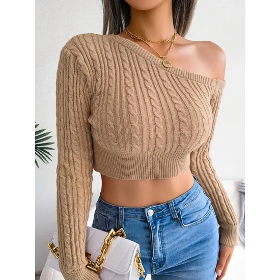 Solid Color Long Sleeves Skinny One-Shoulder Sweater Tops Pullovers Solid Color Long Sleeves Skinny One-Shoulder Sweater Tops Pullovers