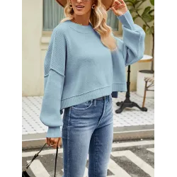 Solid Color Split-Joint Split-Side Batwing Sleeves High-Low Round-Neck Sweater Tops Pullovers
