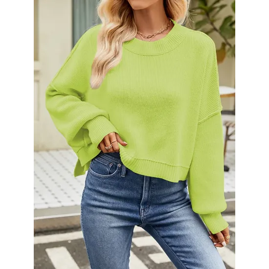 Solid Color Split-Joint Split-Side Batwing Sleeves High-Low Round-Neck Sweater Tops Pullovers Solid Color Split-Joint Split-Side Batwing Sleeves High-Low Round-Neck Sweater Tops Pullovers