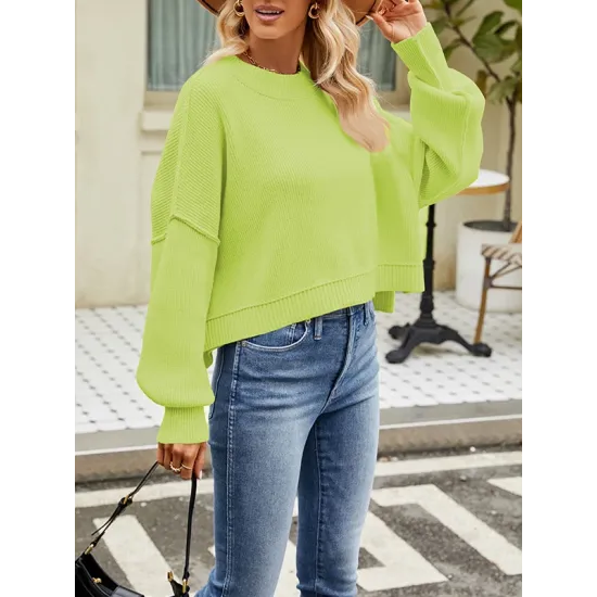 Solid Color Split-Joint Split-Side Batwing Sleeves High-Low Round-Neck Sweater Tops Pullovers Solid Color Split-Joint Split-Side Batwing Sleeves High-Low Round-Neck Sweater Tops Pullovers