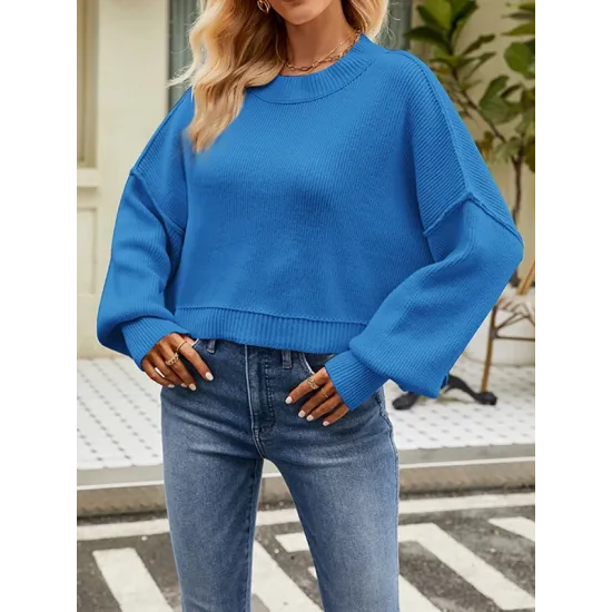 Solid Color Split-Joint Split-Side Batwing Sleeves High-Low Round-Neck Sweater Tops Pullovers Solid Color Split-Joint Split-Side Batwing Sleeves High-Low Round-Neck Sweater Tops Pullovers