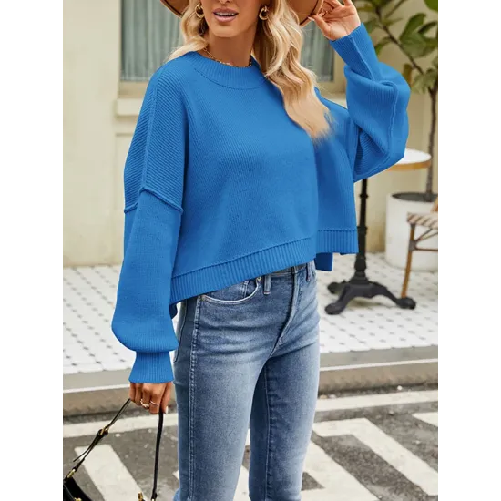 Solid Color Split-Joint Split-Side Batwing Sleeves High-Low Round-Neck Sweater Tops Pullovers Solid Color Split-Joint Split-Side Batwing Sleeves High-Low Round-Neck Sweater Tops Pullovers
