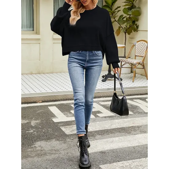 Solid Color Split-Joint Split-Side Batwing Sleeves High-Low Round-Neck Sweater Tops Pullovers Solid Color Split-Joint Split-Side Batwing Sleeves High-Low Round-Neck Sweater Tops Pullovers