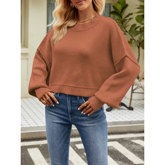 Solid Color Split-Joint Split-Side Batwing Sleeves High-Low Round-Neck Sweater Tops Pullovers Solid Color Split-Joint Split-Side Batwing Sleeves High-Low Round-Neck Sweater Tops Pullovers