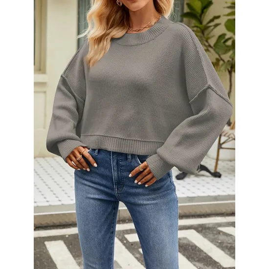 Solid Color Split-Joint Split-Side Batwing Sleeves High-Low Round-Neck Sweater Tops Pullovers Solid Color Split-Joint Split-Side Batwing Sleeves High-Low Round-Neck Sweater Tops Pullovers