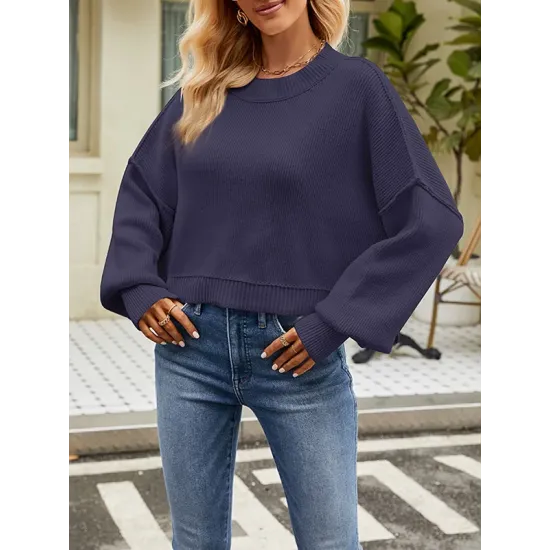 Solid Color Split-Joint Split-Side Batwing Sleeves High-Low Round-Neck Sweater Tops Pullovers Solid Color Split-Joint Split-Side Batwing Sleeves High-Low Round-Neck Sweater Tops Pullovers