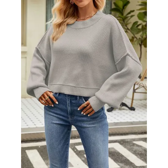 Solid Color Split-Joint Split-Side Batwing Sleeves High-Low Round-Neck Sweater Tops Pullovers Solid Color Split-Joint Split-Side Batwing Sleeves High-Low Round-Neck Sweater Tops Pullovers