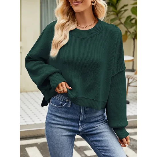Solid Color Split-Joint Split-Side Batwing Sleeves High-Low Round-Neck Sweater Tops Pullovers Solid Color Split-Joint Split-Side Batwing Sleeves High-Low Round-Neck Sweater Tops Pullovers