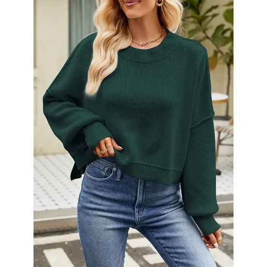 Solid Color Split-Joint Split-Side Batwing Sleeves High-Low Round-Neck Sweater Tops Pullovers Solid Color Split-Joint Split-Side Batwing Sleeves High-Low Round-Neck Sweater Tops Pullovers