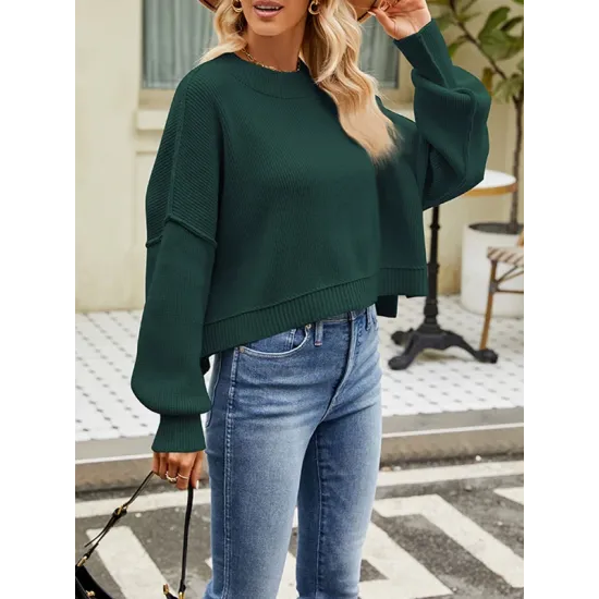 Solid Color Split-Joint Split-Side Batwing Sleeves High-Low Round-Neck Sweater Tops Pullovers Solid Color Split-Joint Split-Side Batwing Sleeves High-Low Round-Neck Sweater Tops Pullovers