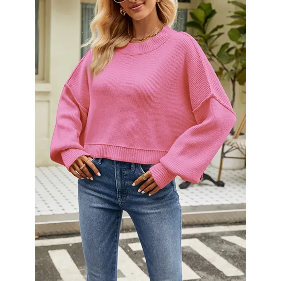 Solid Color Split-Joint Split-Side Batwing Sleeves High-Low Round-Neck Sweater Tops Pullovers Solid Color Split-Joint Split-Side Batwing Sleeves High-Low Round-Neck Sweater Tops Pullovers