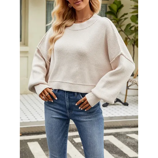 Solid Color Split-Joint Split-Side Batwing Sleeves High-Low Round-Neck Sweater Tops Pullovers Solid Color Split-Joint Split-Side Batwing Sleeves High-Low Round-Neck Sweater Tops Pullovers